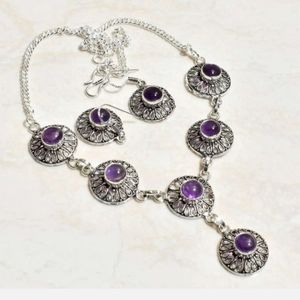 New simulated amethyst sterling silver necklace & earrings set